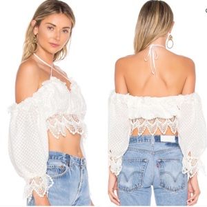 REVOLVE Chrissy Teigen Boho Peasant Crochet Crop Top Off Shoulder M NWOT